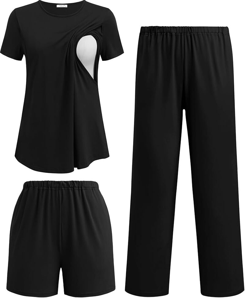 Ekouaer 3-Piece Maternity & Nursing Pajamas Set - Short Sleeve Top with Shorts and Pants