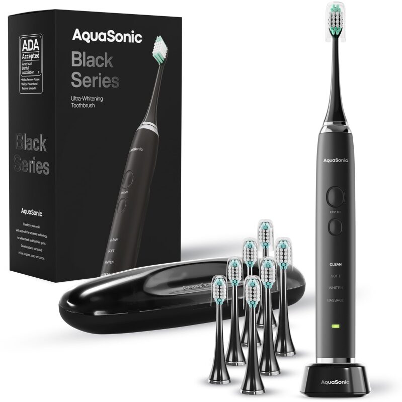 AquaSonic Black Series Ultra Whitening Toothbrush with 8 Brush Heads