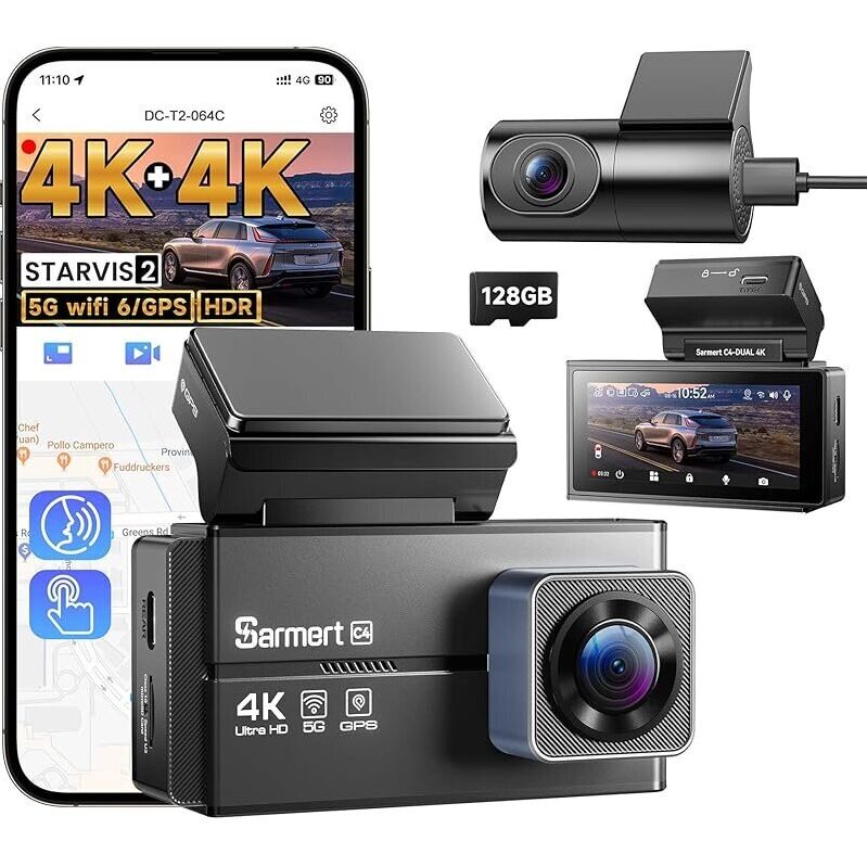 Sarmert C4 4K+ 4K Front & Rear Car Dash Cam with 128GB Card