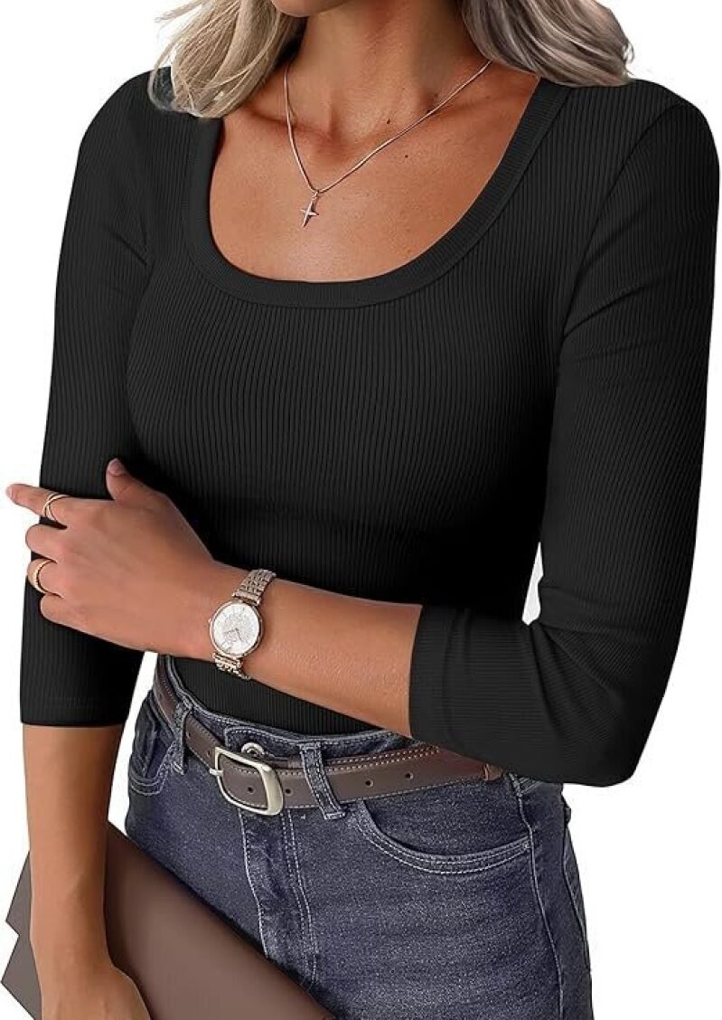GBK Women's 3/4 Sleeve Scoop Neck Ribbed Knit Tee - Affordable and Stylish