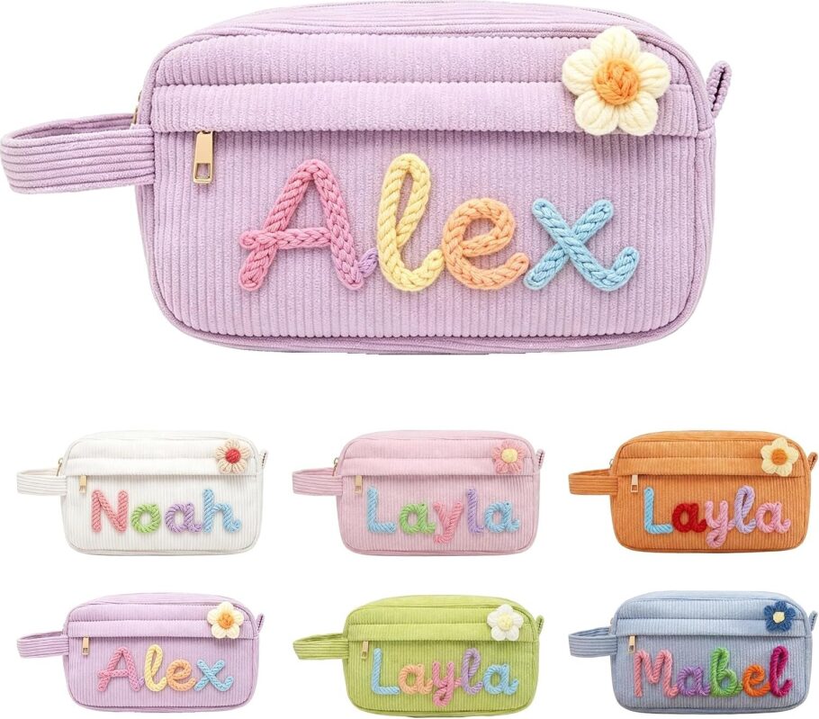 Personalized Corduroy Zipper Pencil Bag with Flower Design