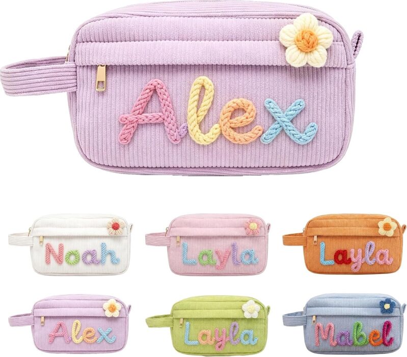 Personalized Corduroy Zipper Pencil Bag with Flower Design