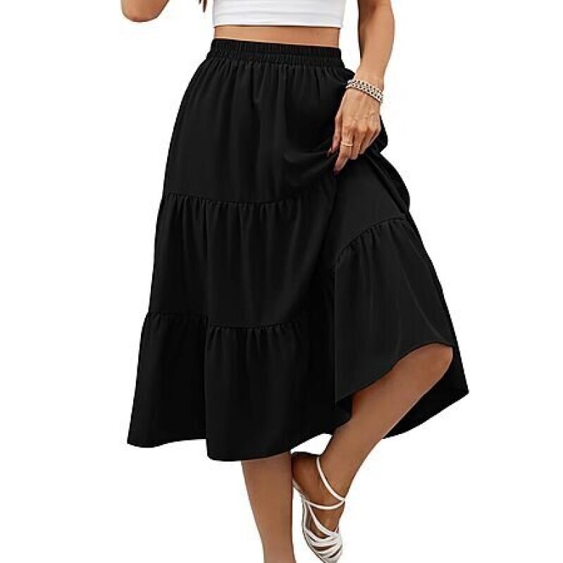 Lyrur Women's Black Midi Skirt with Pockets - Summer Beachwear