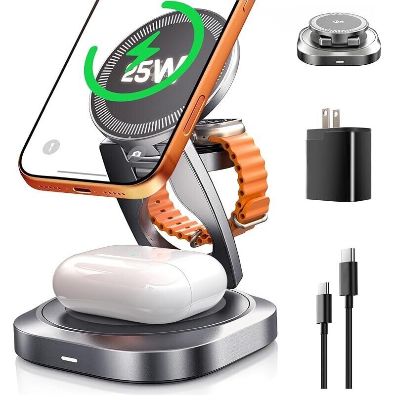 3-in-1 25W Qi2.2 Magnetic Foldable Wireless Charger with Adapter