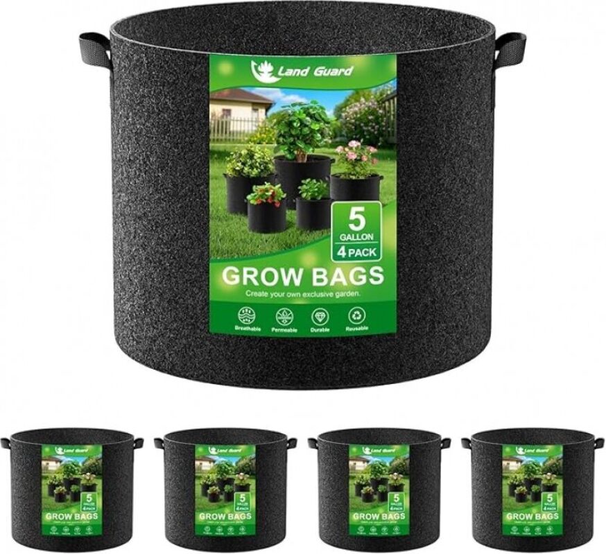 Land Guard 4-Pack 5 Gallon Fabric Grow Bags - Ideal for Gardening