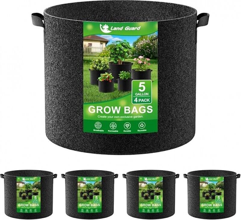Land Guard 4-Pack 5 Gallon Fabric Grow Bags - Ideal for Gardening
