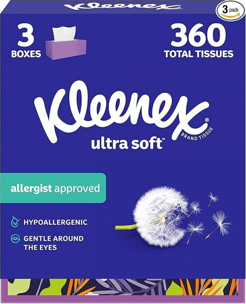 Kleenex Ultra Soft Facial Tissues - 3 Boxes, 120 Tissues Each, 3-Ply, Hypoallergenic