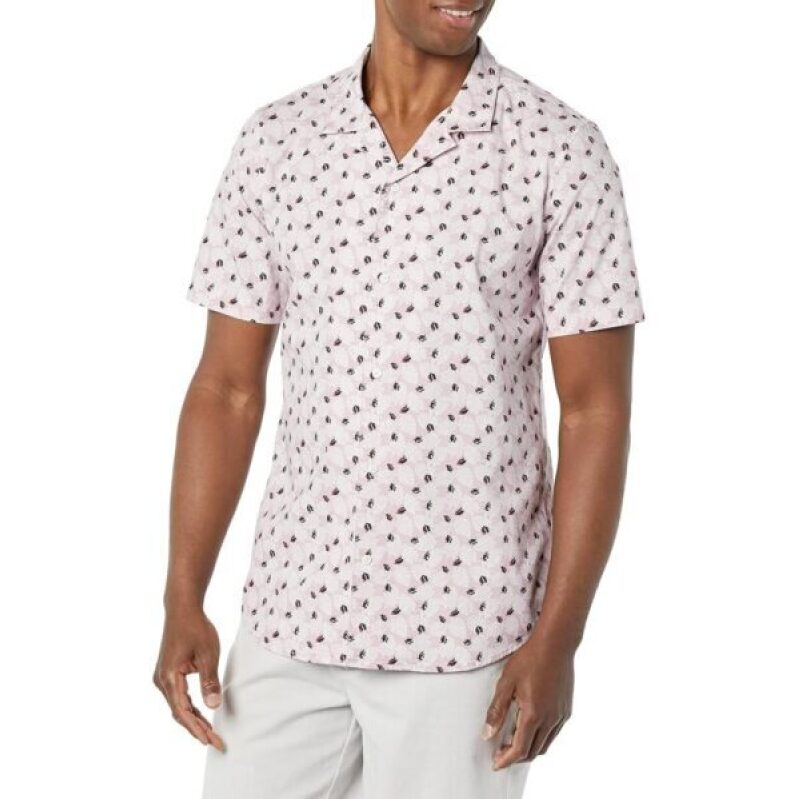 Must-Have Amazon Essentials Men's Resort Cotton Short Sleeve Button-Down Shirt - Lavender Palm Leaf Print, Large - 27% Off
