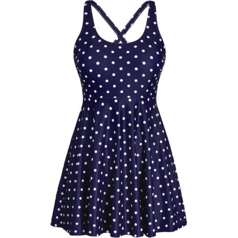 Elegant Plus Size One-Piece Swimsuit with Pockets - Navy Polka Dot