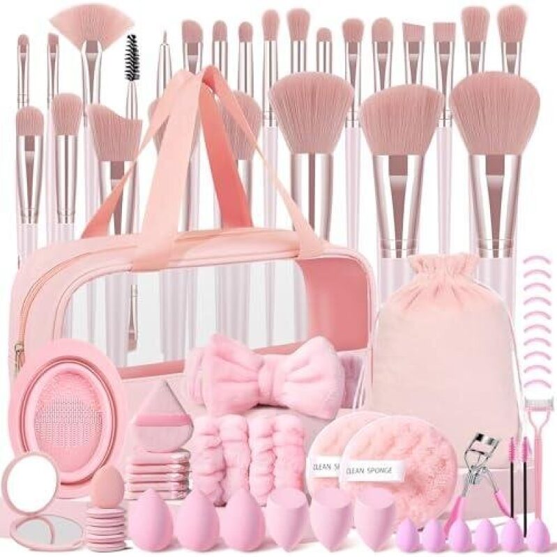 72-Piece Pink Makeup Brush Set with Protective Case - Professional Quality Synthetic Materials