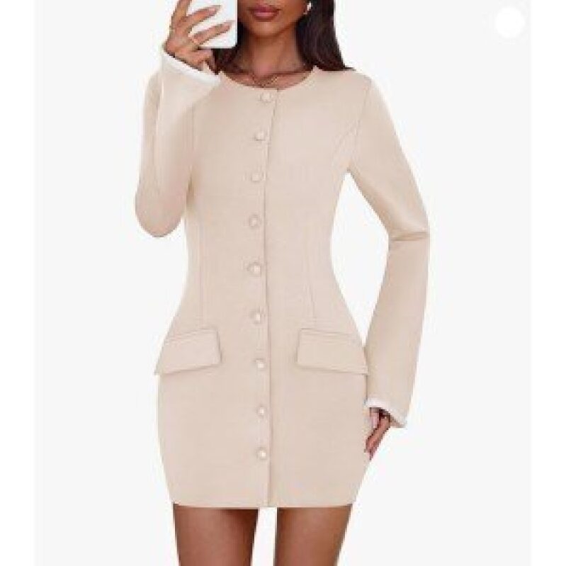 Elegant Beige Long Sleeve Fit and Flare Mini Dress