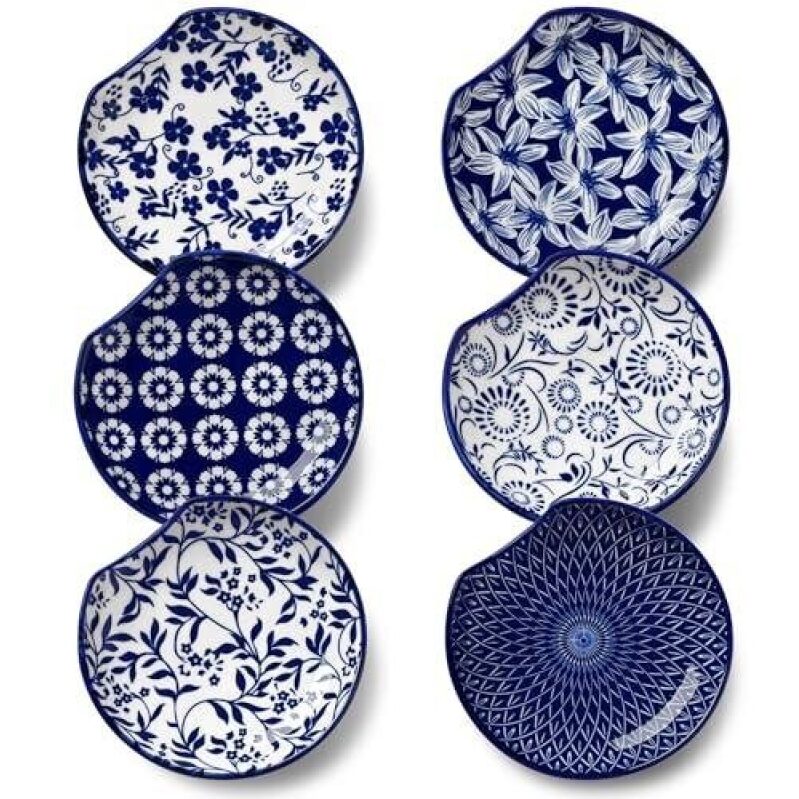 Set of 6 Ceramic Spoon Rests - Blue & White Floral Design, 4.8 Inches