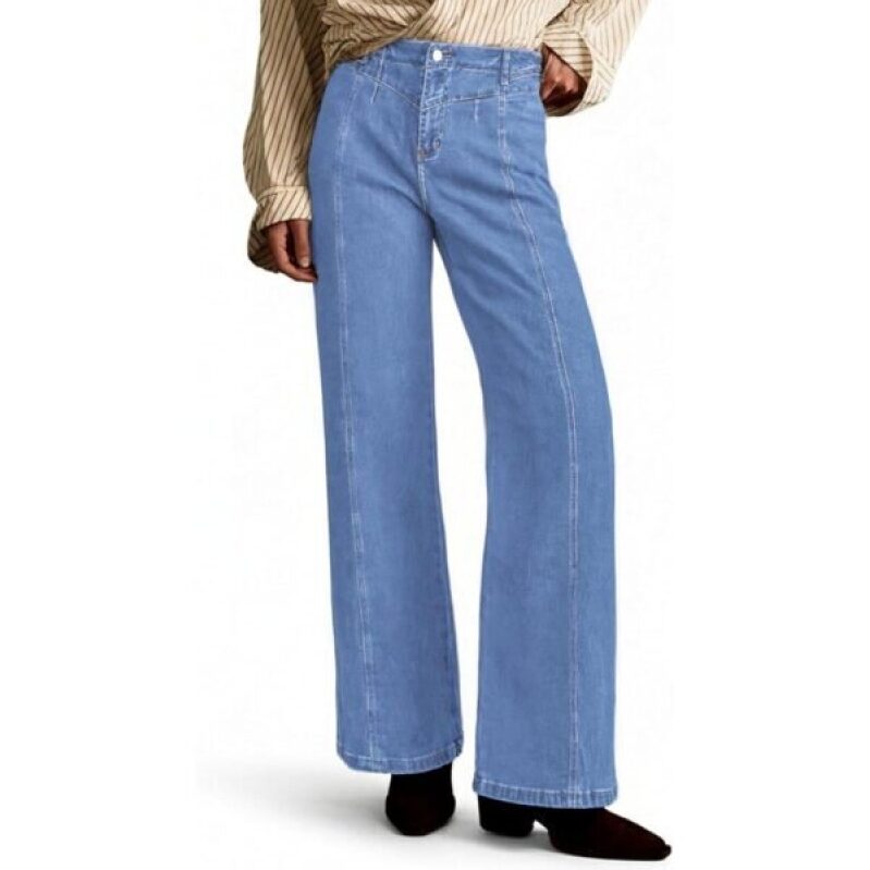 PEIHOT Women's High-Waisted Straight Stretch Denim Pants with Stitched Panels - Light Blue