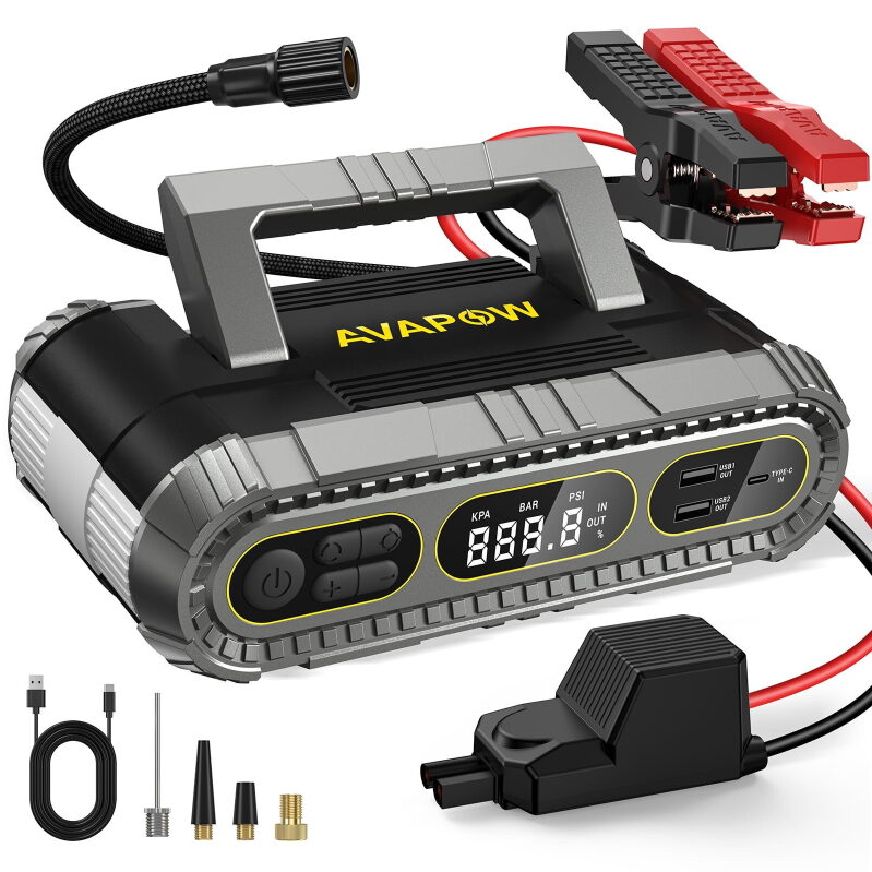 AVAPOW Jump Starter with Air Compressor - 2000A Peak Current, 16000mAh Battery