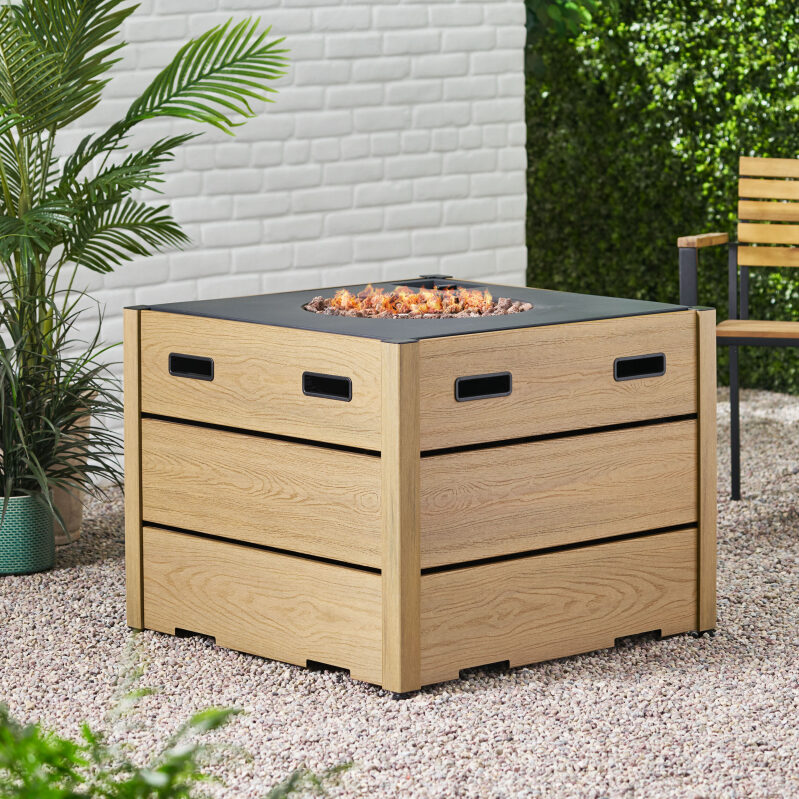 Noble House Camak Wood Resin Outdoor 31-inch Rectangular Fire Pit