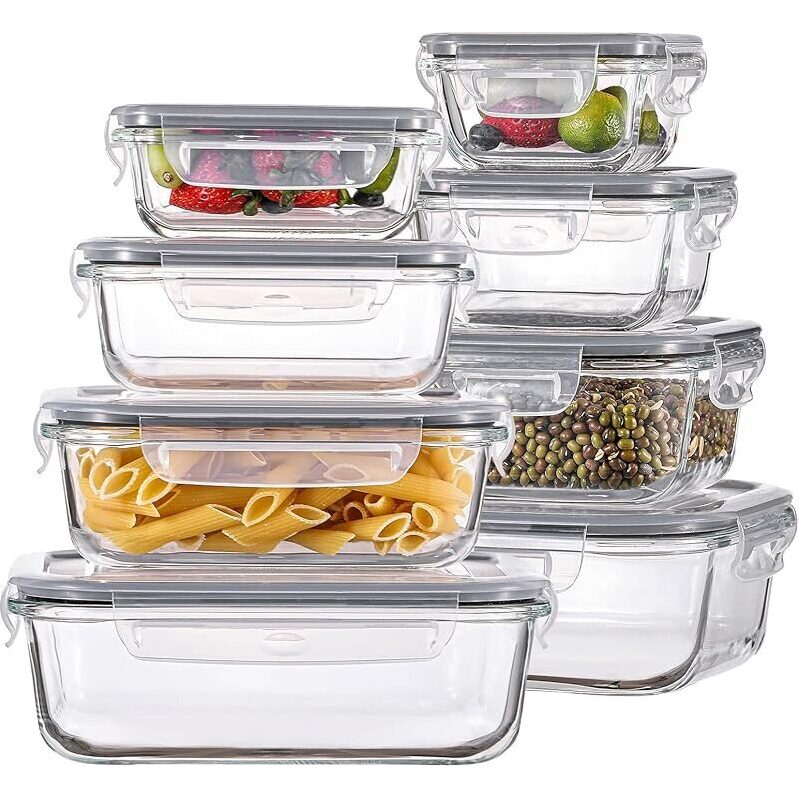 Homberking 8-Pack Glass Food Storage Containers with Lids - Durable, Clear, and Versatile