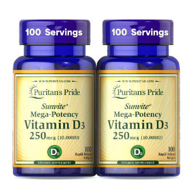 Puritan's Pride Vitamin D3 Softgels - 200 Count, 250 mcg (10,000 IU)