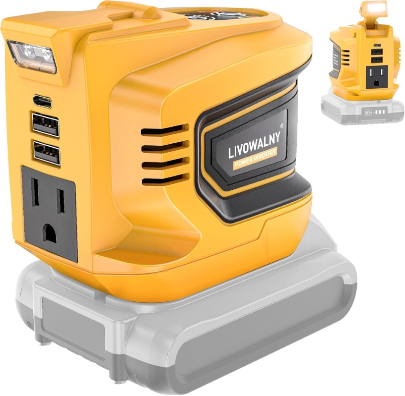 LIVOWALNY 200W Power Inverter for DeWALT 20V Battery - Portable 110V AC Outlet & USB-C Station