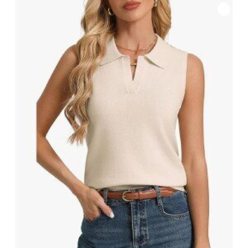 Kate Kasin Sleeveless Polo Knit Vest - Beige
