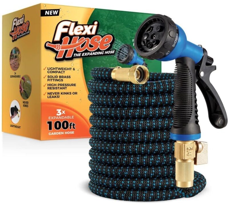 Flexi Hose Lightweight 100ft Garden Water Hose with 8 Function Nozzles - 3/4 inch Brass Connector - Expandable Garden Hose