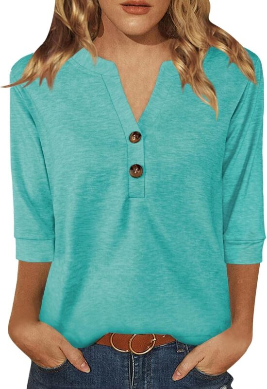 Dimur 3/4 Sleeve Women V Neck Button Down Shirts