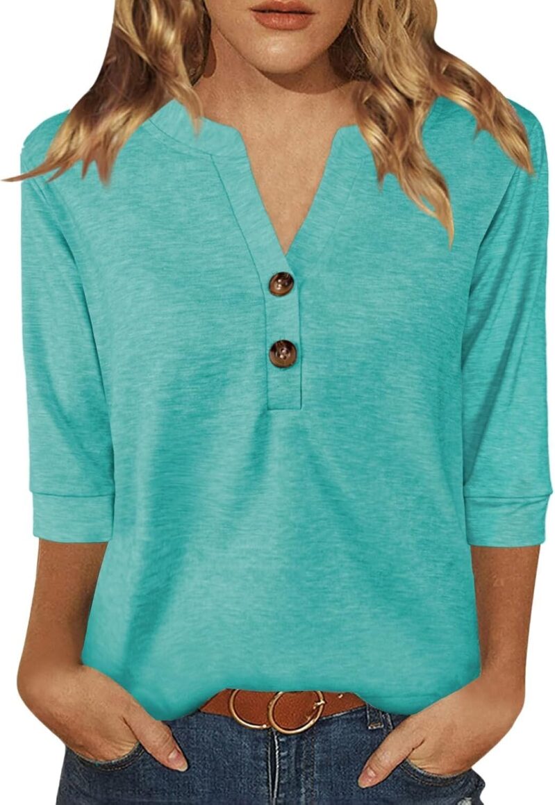 Dimur 3/4 Sleeve Women V Neck Button Down Shirts