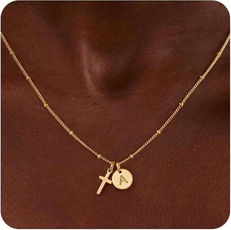Affordable Gold Cross Necklace with Personalized Initial Pendant
