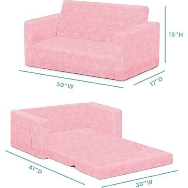 2-in-1 Flip-Open Serta Perfect Sleeper Kids 2-Seater Sofa: Pink & Grey