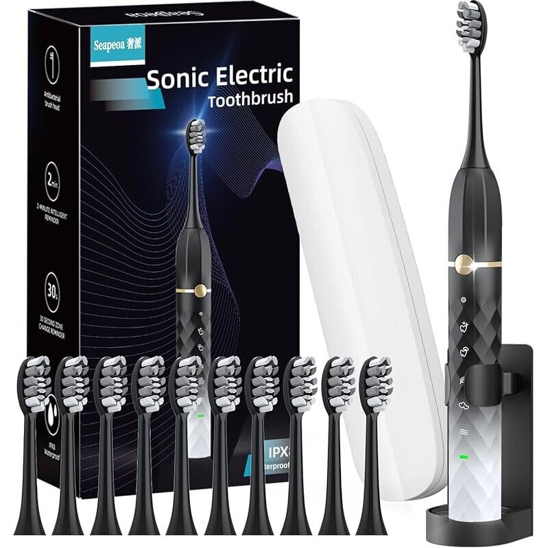 Powerful Sonic Electric Toothbrush Set - 42000 VPM, 10 Replacement Brush Heads