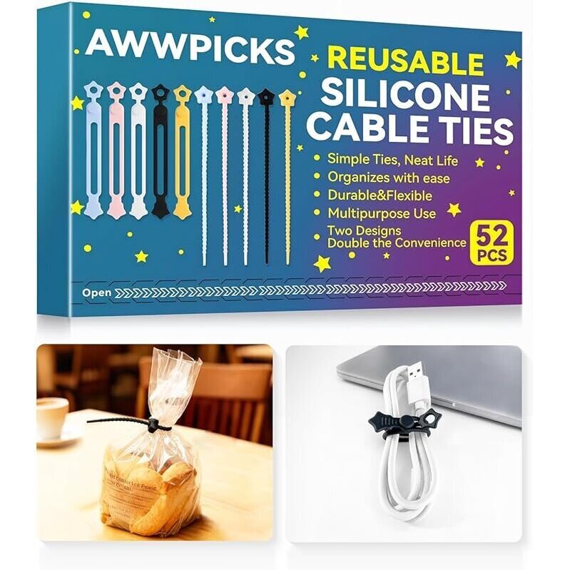 52-Pack Silicone Cable Ties: Reusable Cord Organizer Straps