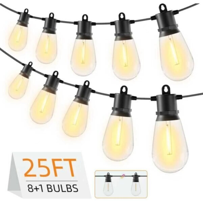 25FT Outdoor String Lights IP65 Waterproof Patio Lights with 8+1 Shatterproof LED Bulbs