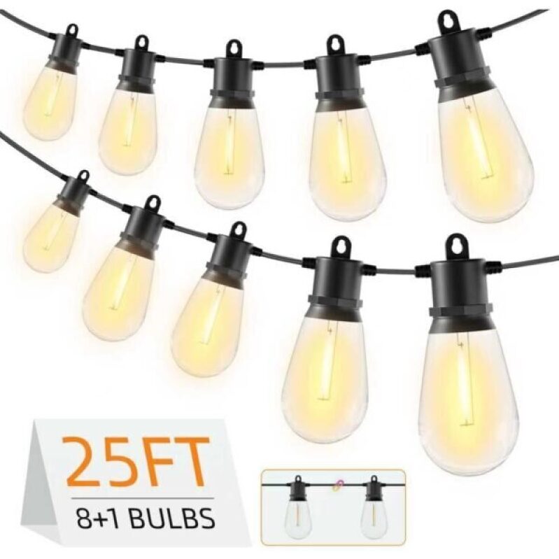 25FT Outdoor String Lights IP65 Waterproof Patio Lights with 8+1 Shatterproof LED Bulbs