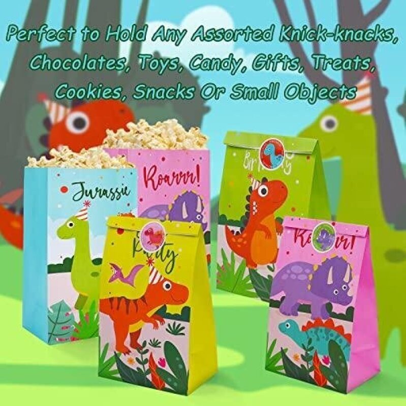 24 Pcs Dinosaur Party Favor Bags with Stickers - Kids Goodie Bags for Dinosaur Birthday Party