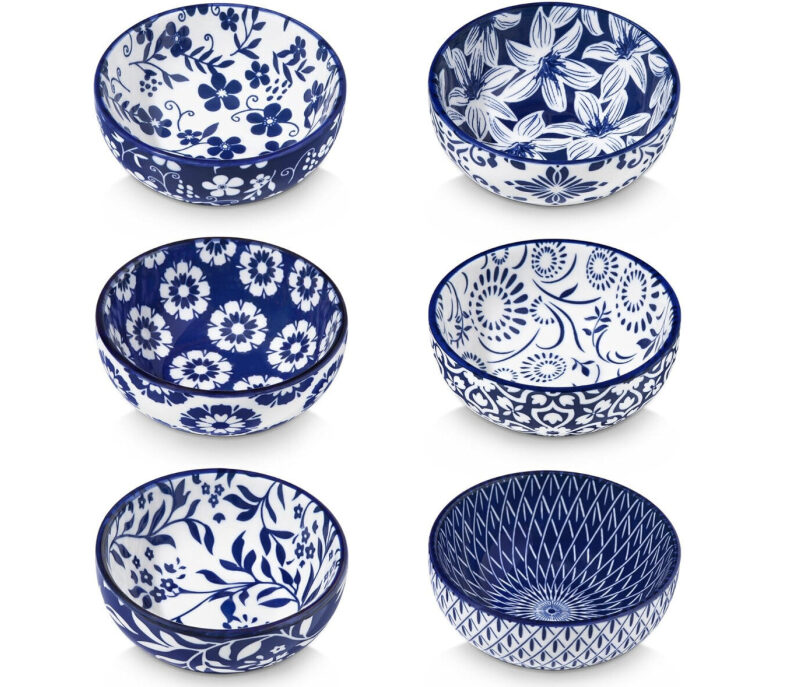 Elegant 6-Piece Blue and White Ceramic Bowl Set - Perfect for Dips and Snacks