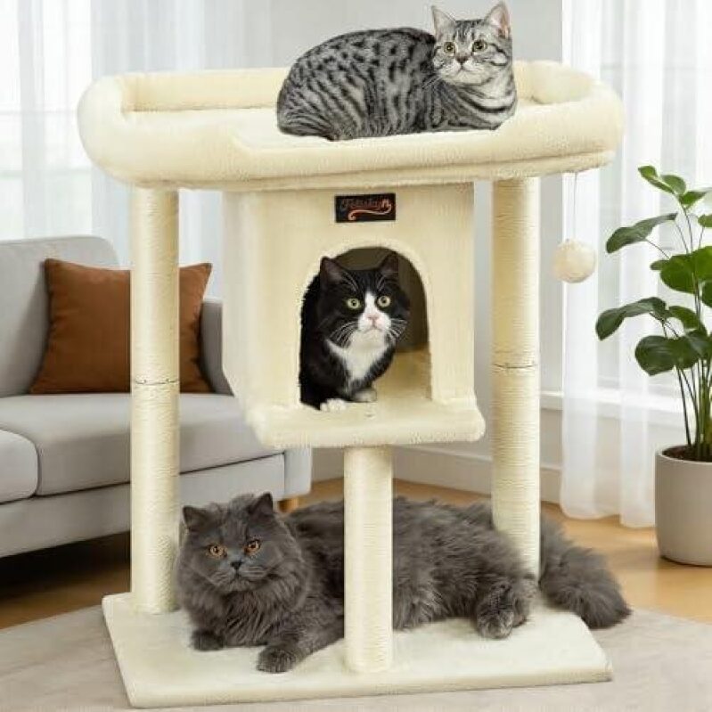 Indoor Large Cat Tree with Hammock - 28 Inches, Modern Beige Design