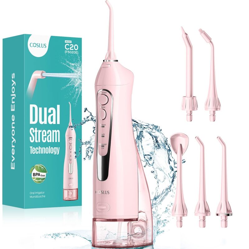 COSLUS C20 Cordless Water Flosser with 5 Jet Tips - Pink