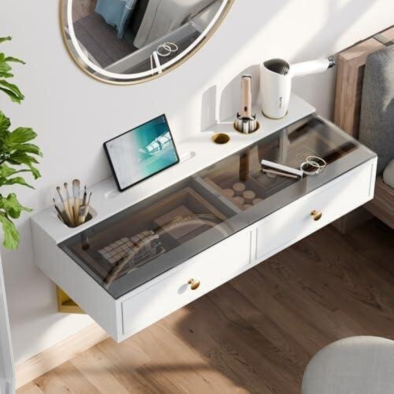 Elegant Floating Makeup Desk with Glass Top - 50% Discount