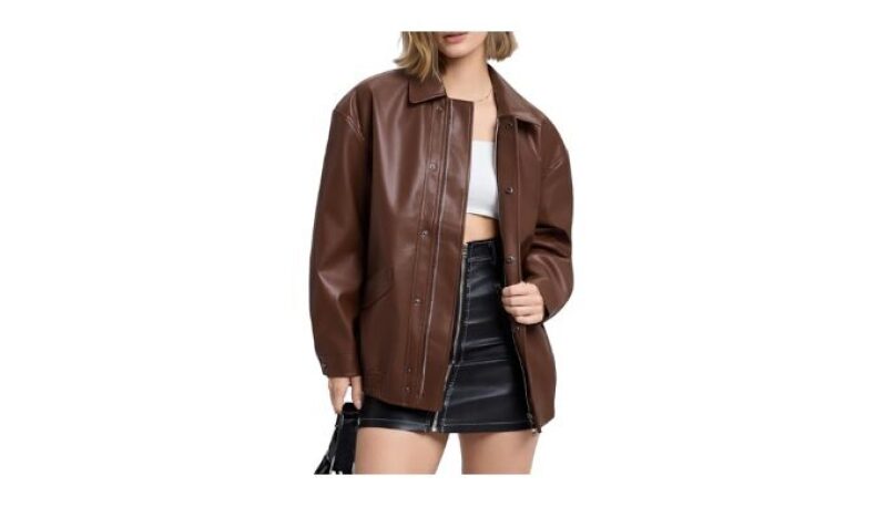 Womens Oversized Faux Leather Motorcycle Bomber Jacket - Camel