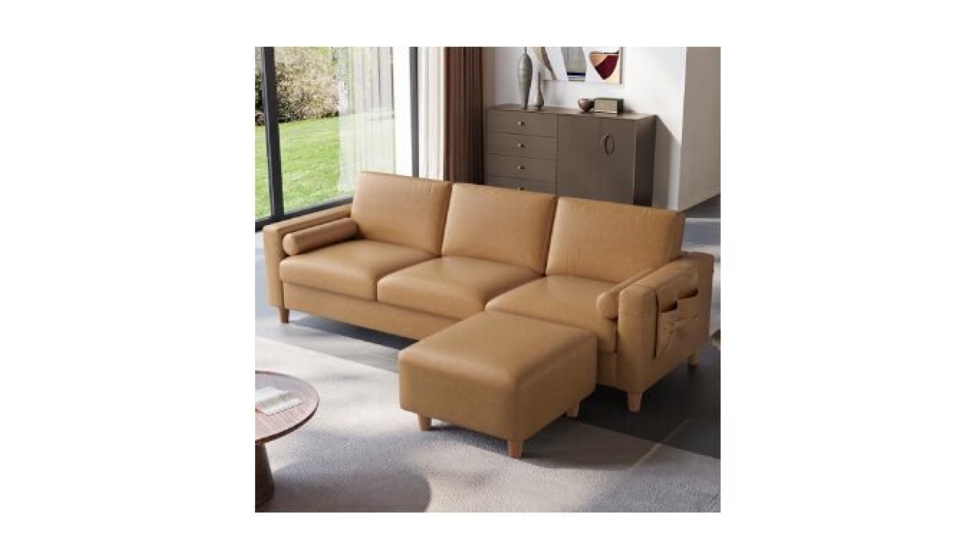 Vesgantti 100″ L Shaped Faux Leather Couch with Movable Ottoman