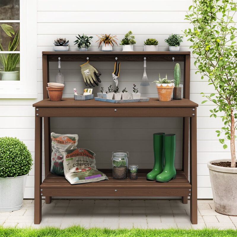 Outdoor Potting Bench with Storage & Hooks - 3-Tier