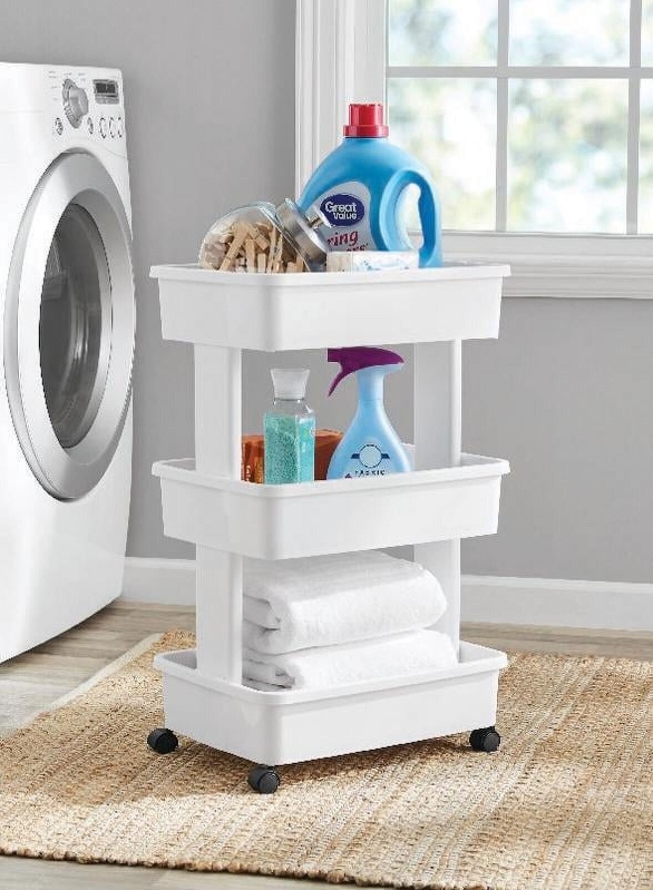 Mainstays 3-Tier Plastic Rolling Laundry Cart - Efficient Organization