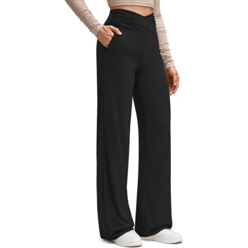 Comfortable Cross-Waistband Wide-Leg Pants with Pockets - Black, M, 29 Inch