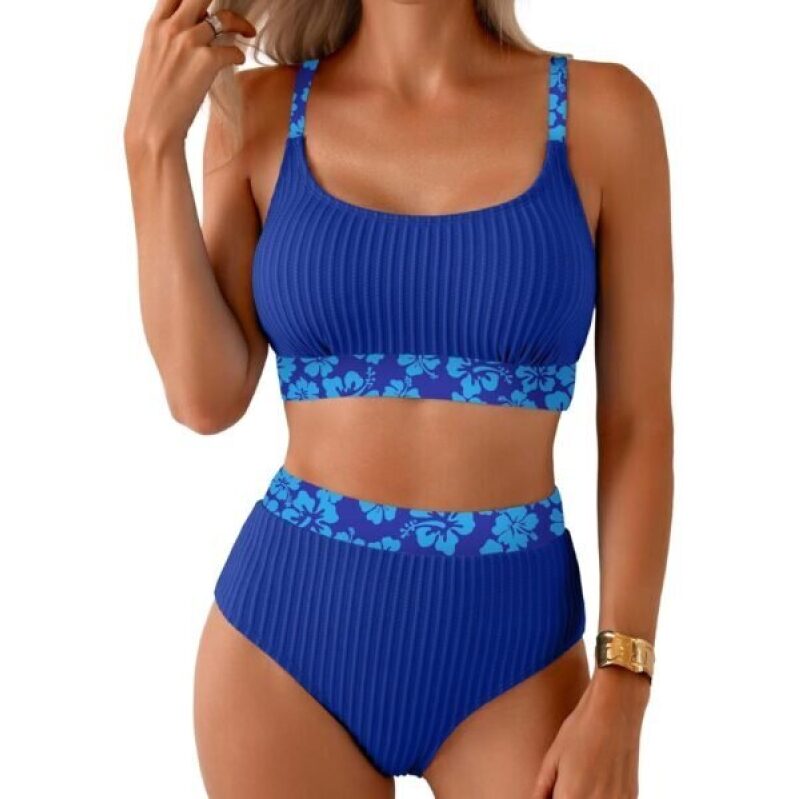 Stylish Blue Floral Ribbed Bikini Set - 50% Off