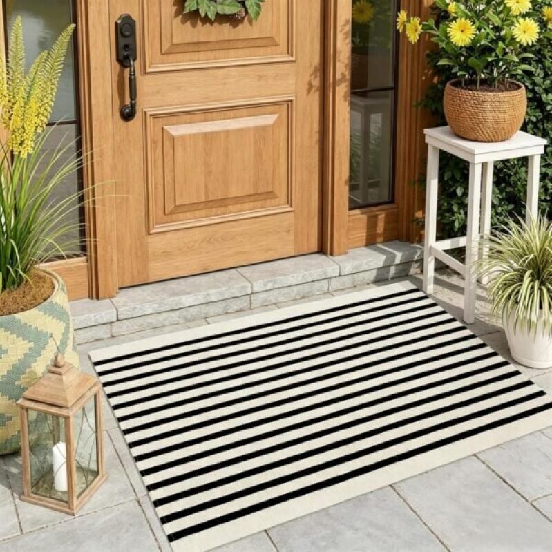 Elegant Black and White Striped Doormat - 35.4