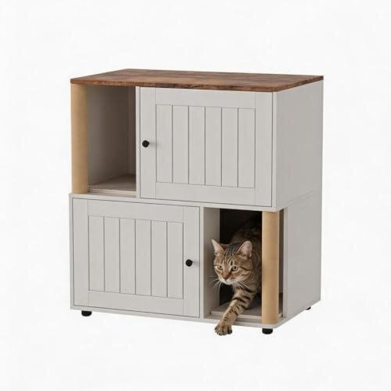 Modern Farmhouse Cat Litter Box Cabinet with Scratching Post and Mat - 49% OFF