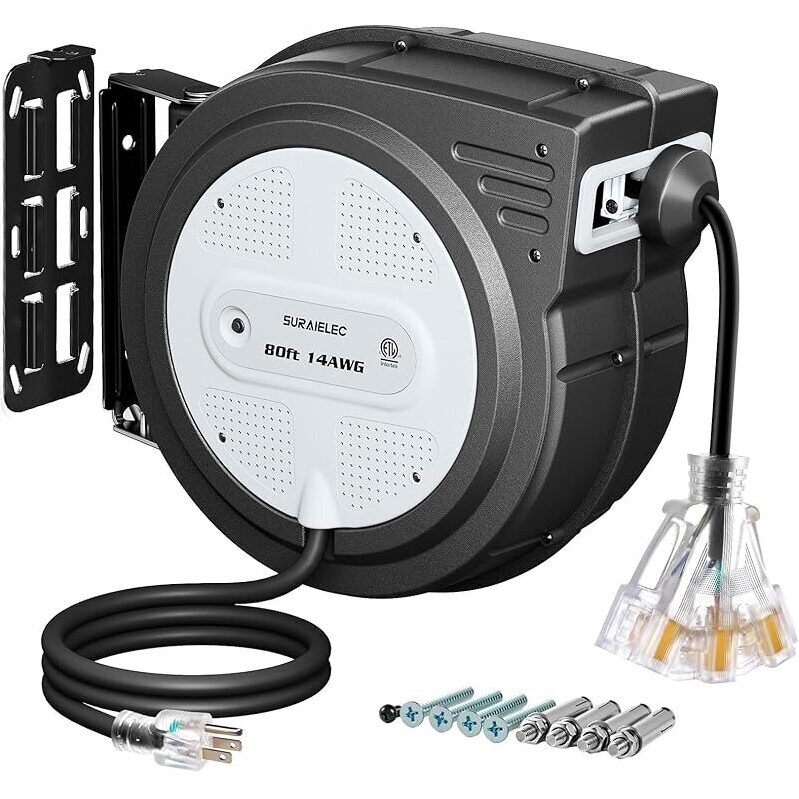 80ft Retractable Extension Cord Reel by SURAIELEC - Durable, Long-Lasting, and Versatile