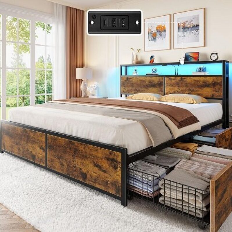 Rolanstar Queen Bed Frame with Storage Drawers, Charging Station, and LED Lights