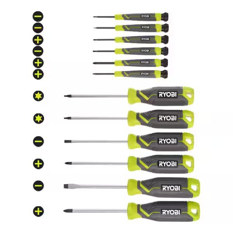 12-Piece Ryobi Screwdriver Set with Cushion Grip Handles - Great Deal at $15