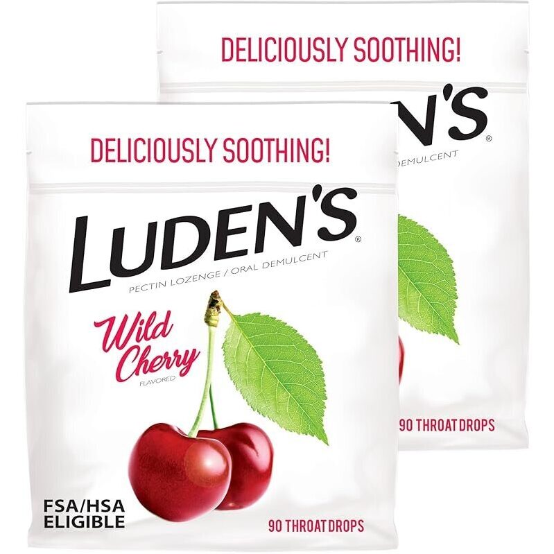2-pk Luden's Sore Throat Relief Lozenges, Wild Cherry 90ct - Soothing Throat Relief On-The-Go