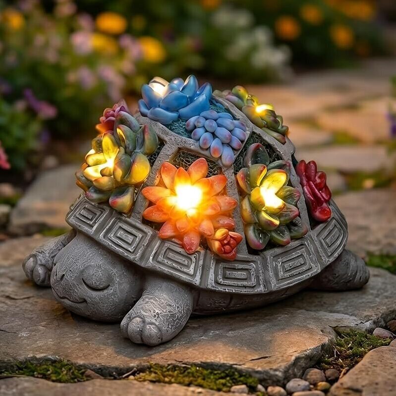 Solar Turtle Garden Decor with Succulents and LED Lights